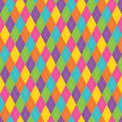 Vibrant seamless argyle pattern in pink, yellow, green, blue and purple. Fun retro geometric background for fabric, wallpaper, crafts and fashion.
