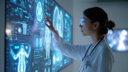 A female scientist interacts with a futuristic digital medical interface displaying advanced health data and diagnostics. She analyzes virtual screens in a high tech laboratory environment - Powered by Adobe