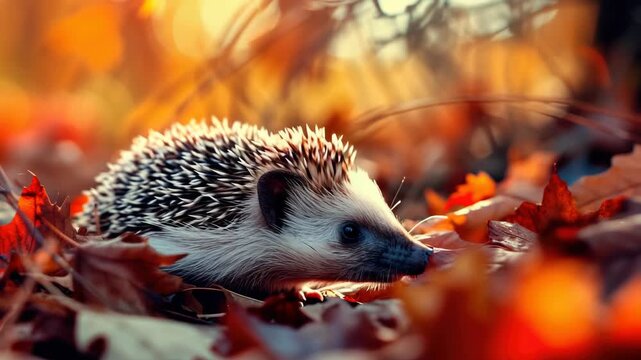 A cute hedgehog peeking out from beneath vibrant fall leaves, creating an endearing scene of nature's beauty.