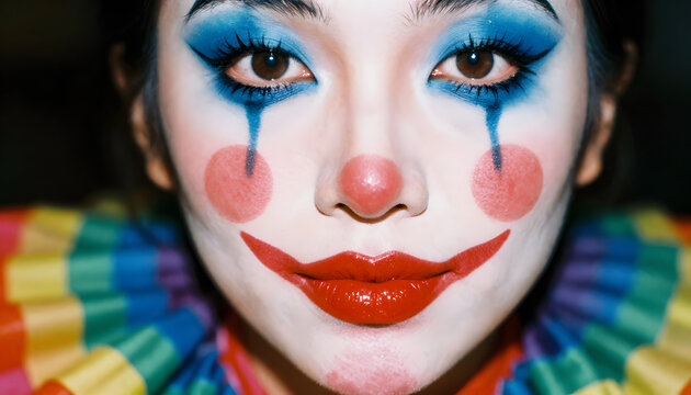 woman, asia, clown, make-up, harlequin, carnival, k&ouml;lle, alaaf, beauty, face, model, close-up, glamour, closeup, colorful, sensuality, elegance, lipstick, hair, fashion, lips, skin, makeup, photo, ad