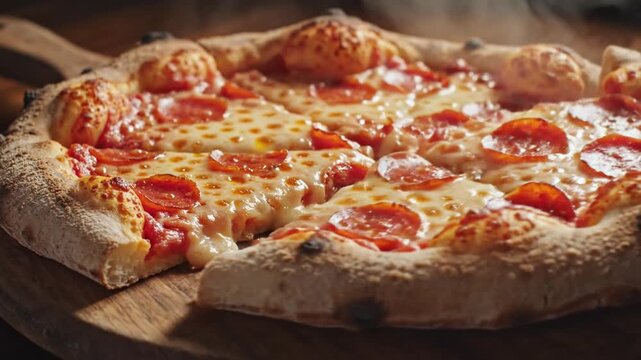 A close-up shot of a steaming pepperoni pizza with melted cheese on a wooden pizza peel