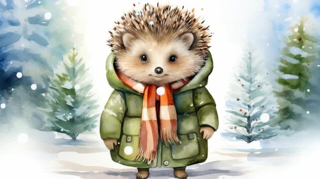 Adorable hedgehog character dressed for snowy weather with a parka and scarf. Perfect for winter-themed designs.