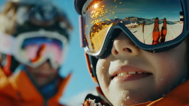 Smiling kid wearing skis and goggles, surrounded by snowy mountains.