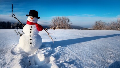 Obraz premium Snowman With Black Top Hat And Red Ribbon Winter White