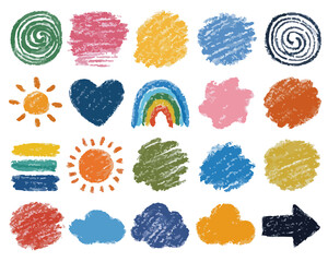 クレヨンで描かれた太陽、虹、ハート、雲、渦巻き、矢印、抽象的な図形などのカラフルなイラストセット。