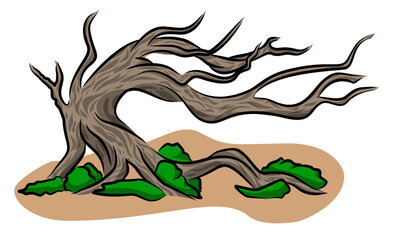 Gnarled Dead Tree and Roots on Rock and Sand Vector Illustration