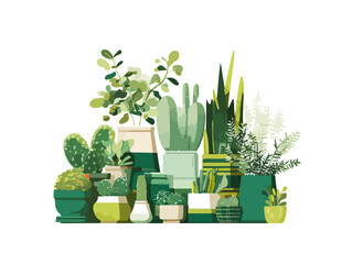 様々な観葉植物が白い背景に並べられた、緑豊かなイラストレーション