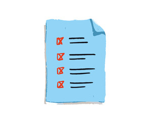 青い紙にチェックマークが付いたリストのシンプルなイラスト。透明な背景で、タスク完了や意思決定の概念を表します。