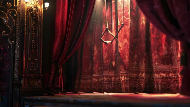 This is an of a red curtain in a theatre stage with dramatic lighting, creating a sense of suspense and intrigue. The curtain has a rich texture and the shadows cast behind it add depth to the scene