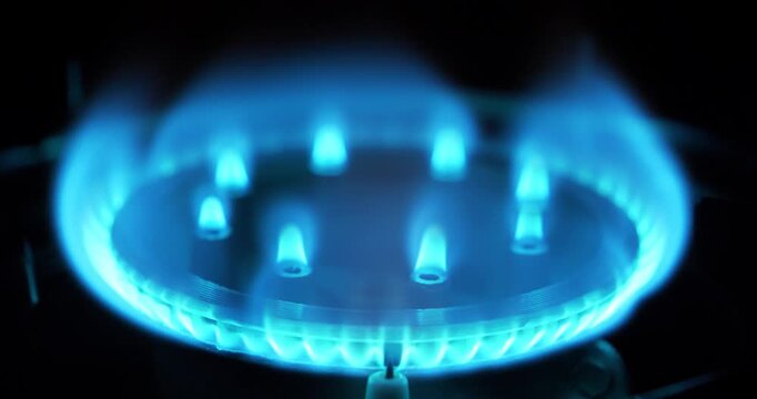 Blue flames of burning gas of gas stove