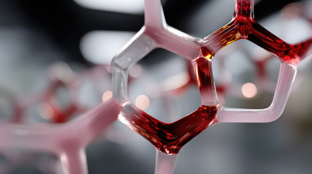 An extraordinary composition featuring transparent and red hexagonal structures, creating a captivating visual experience that fuses art and science. - Powered by Adobe