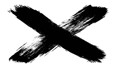 白地に描かれた太い黒い筆致のXマーク、透明感のあるブラシストローク、デザイン要素、グラフィック