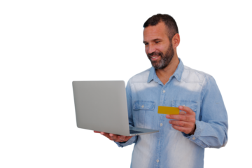 Man shopping online, holding laptop and credit card for e-commerce payment transaction, transparent background