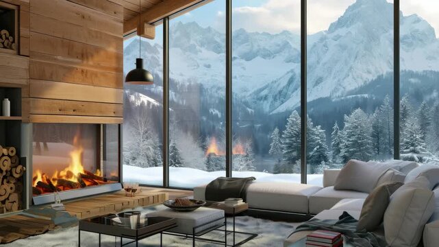 A warmly lit mountain lodge interior featuring a roaring fireplace and large windows offering a breathtaking snowy mountain view.