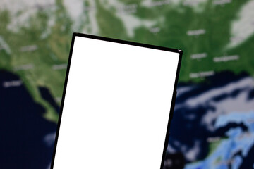 smartphone blank screen with usa map behind