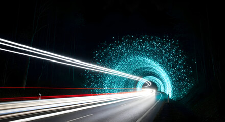Long exposure shot of car light trails in a futuristic tunnel with glowing blue particles.