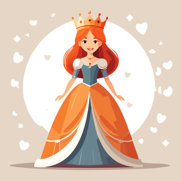 Whimsical Cartoon Princess with Red Hair and Golden Crown in Blue and Orange Dress Surrounded by Hearts on a Light Background