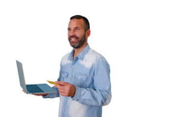 Man smiling while buying online with laptop and credit card, secure e-commerce, shopping with transparent background