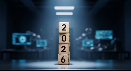 Wooden blocks spelling 2026 in a futuristic, dark room with glowing screens, symbolizing future technology and innovation.