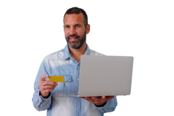 Man making online payment with credit card and laptop, smiling consumer shopping digitally with transparent background