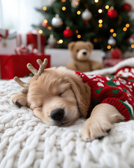 A sleeping golden retriever puppy adorned with a Christmas sweater and reindeer antlers represents the joy and coziness of the holiday season among festive decorations.