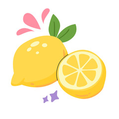 Two lemons, one whole and one sliced. Fresh yellow citrus fruits isolated on white background. Classic lemonade.
