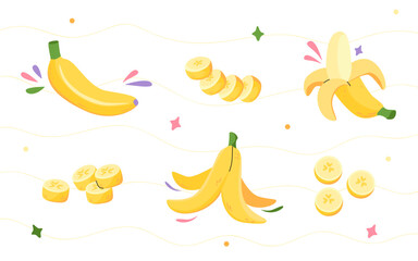 Ripe yellow bananas set with whole fruit, slices and peels isolated on a white background. Summer design for textile printing, poster, logo. 
