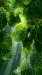 Obraz premium Fresh green leaves in sunlight close-up