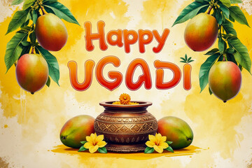 Greeting card Ugadi Yugadi New Year traditional holiday on first day of month Chaitra AI Generative