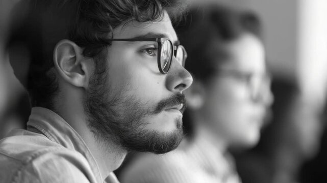 A young man with a beard and glasses sitting and staring off into the distance, appearing deep in thought or daydreaming.