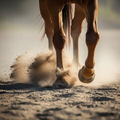 Close up of a horses hooves kicking up dust while running.