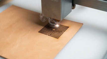 Laser Cutter Etching Geometric Pattern on Natural Leather