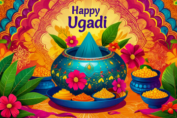 Greeting card Ugadi Yugadi New Year traditional holiday on first day of month Chaitra AI Generative