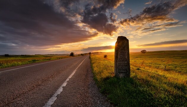 Ancient Milestone Marker Stands Beside A Rural Road At Sunset With A Dramatic Sky Overhead