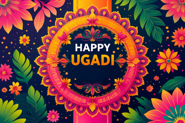 Greeting card Ugadi Yugadi New Year traditional holiday on first day of month Chaitra AI Generative