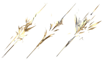 Conjunto de efectos de impacto de lanza dorada y energ&iacute;a m&aacute;gica con fondo transparente, estilo acuarela.