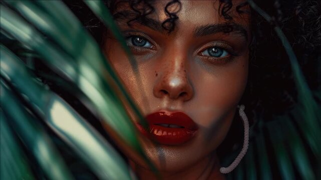 Close-up portrait of a woman with striking blue eyes and vibrant red lips. Her face is framed by lush green leaves. Perfect for advertising beauty products