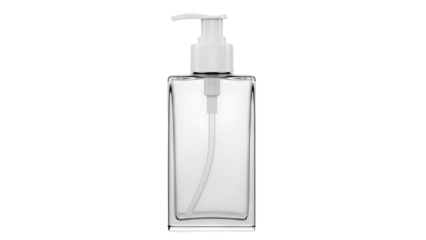 Clear soap dispenser bottle with pump isolated on transparent background