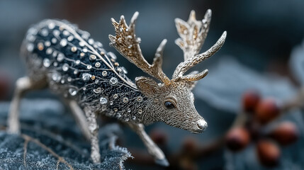 Obraz premium Decorative metallic reindeer with embellished wings and antlers bedecked with small details.