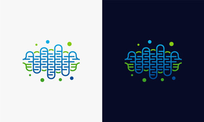 Abstract brain shape with interconnected lines and dots.