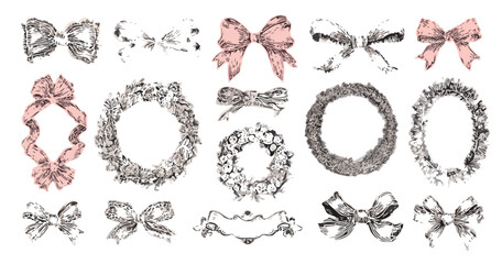 Conjunto de ilustraciones dibujadas a mano de lazos, coronas y cintas vintage con fondo transparente para dise&ntilde;o.