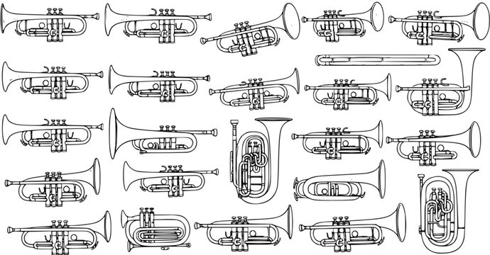 Black and white line art collection of various brass musical instruments, including trumpets, tubas, euphoniums, cornets, and trombones, depicting different types and views