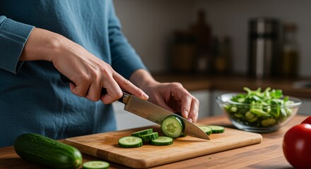 Person prepares vegetables in a modern kitchen with natural light pouring in during the day