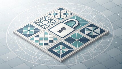 Padlock emblem on a geometric mosaic in cyberspace