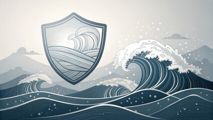 Shield with waves design in digital layered illustration