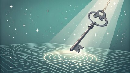 Shiny key floating above a maze with a bright light