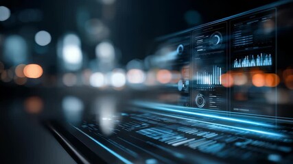 Futuristic digital dashboard interface with data analytics graphs and charts displayed on a transparent screen in a modern city environment. Advanced technology concept for business innovation - Powered by Adobe
