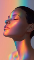 虹色の光に包まれた女性の横顔。美容やファッションのイメージ素材に最適なポートレート。