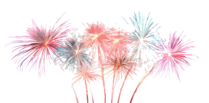 Fuegos artificiales festivos en tonos pastel con fondo blanco, ideales para celebraciones y dise&ntilde;o.