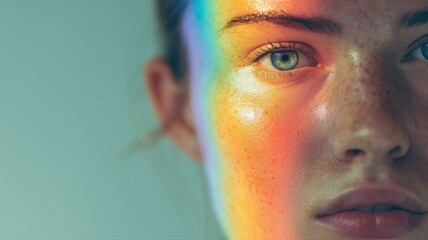 虹色の光が差し込む女性の顔のクローズアップ。美容や感情表現の素材に最適なポートレート写真。